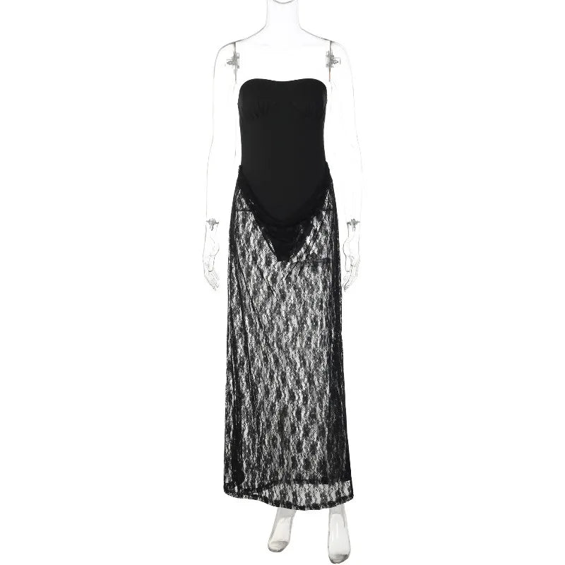 Strapless Backless See Through Patchwork Maxi Dress