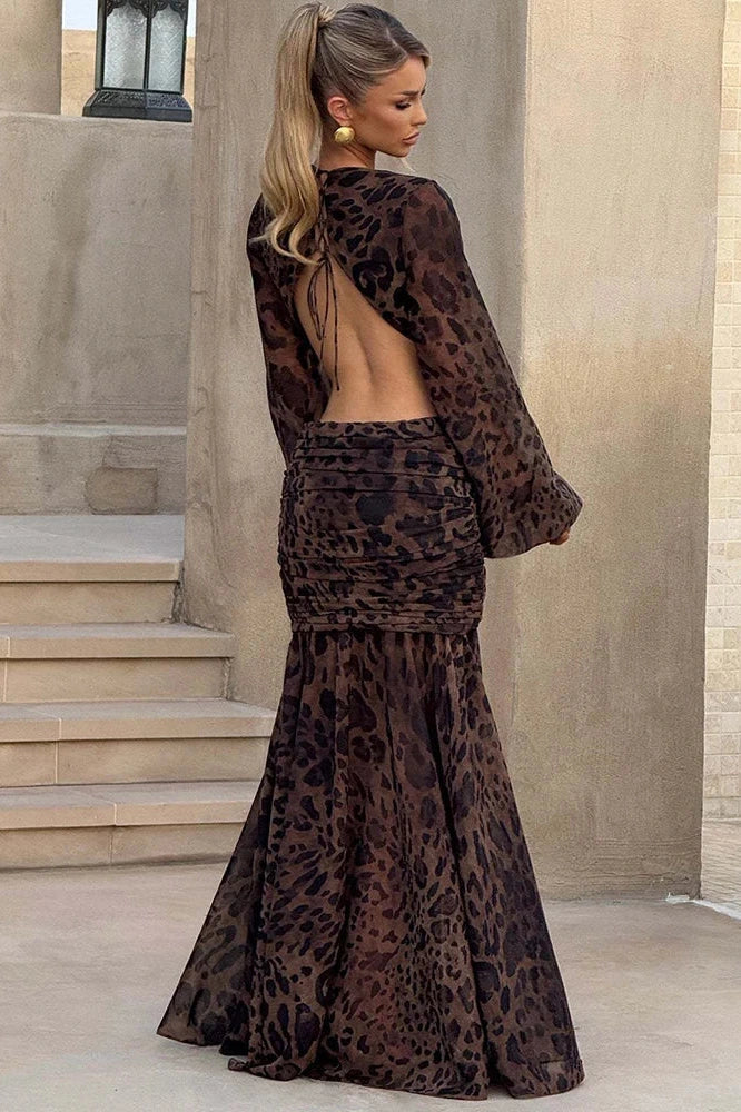 Hollow Out Printed Long Sleeve Backless Bodycon Maxi Dress