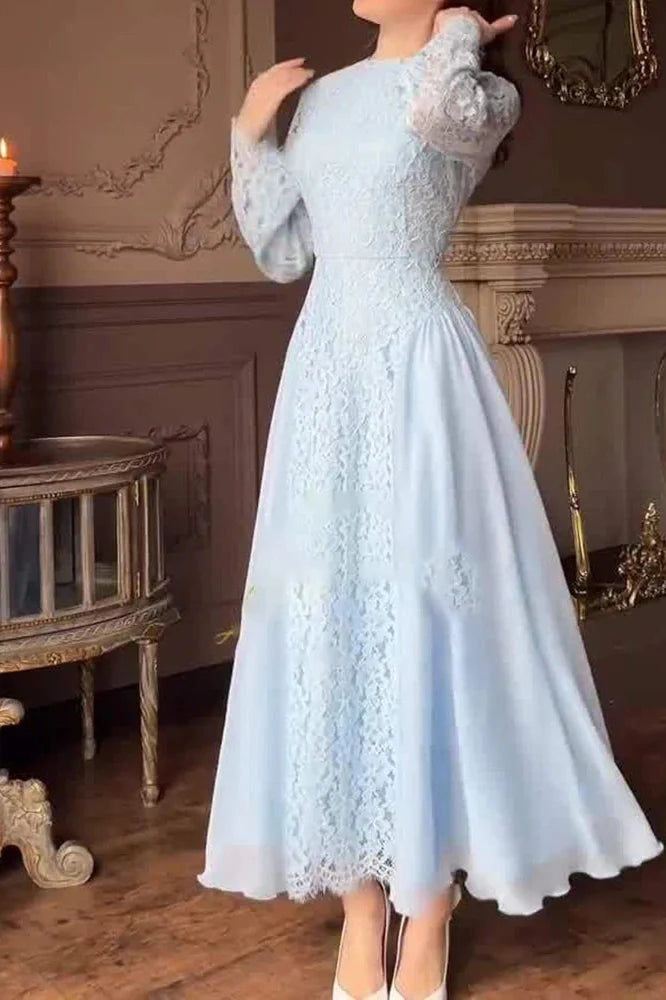 O-Neck Long Sleeve Pleated High Waist Lace Maxi Dress