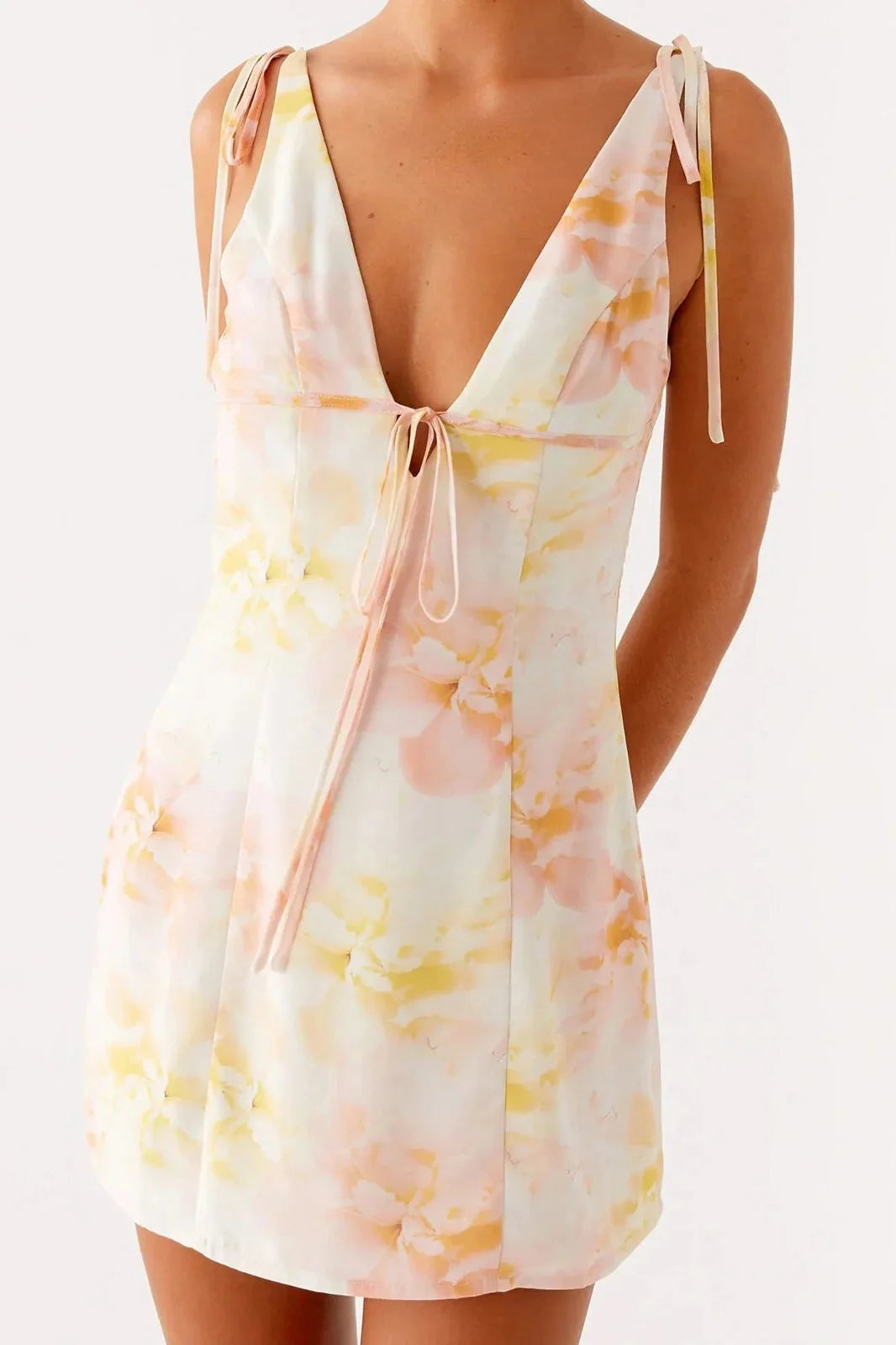 Spaghetti Straps Backless Tie-Up Mini Dress