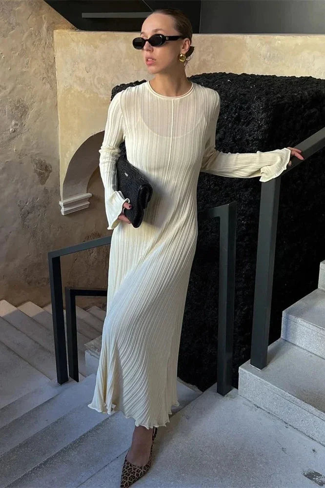 Lace-Up High Waist Long Sleeve Maxi Dress