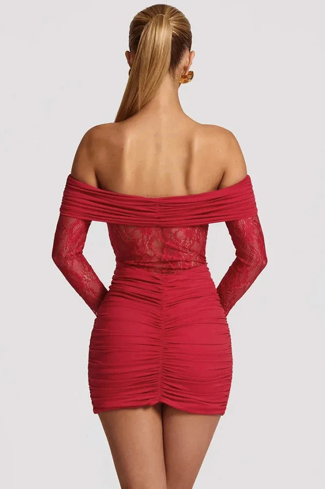 Off-Shoulder Strapless Lace See Through Long Sleeve Mini Dress