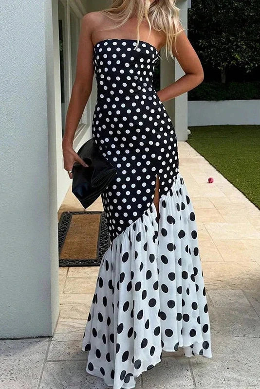 Elegant Split Polka Dot Printed Strapless High Waist Maxi Dress