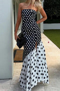 Elegant Split Polka Dot Printed Strapless High Waist Maxi Dress