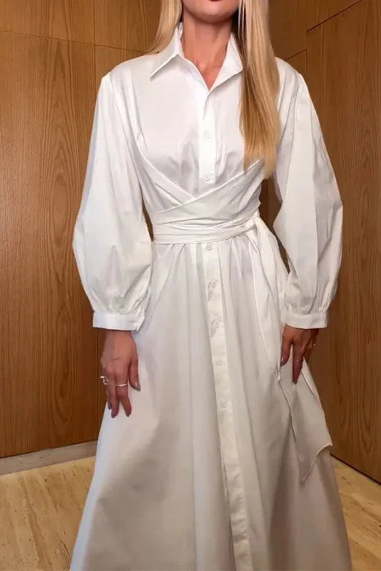 Elegant Single Breasted Long Sleeve Tie-Up Midi Dress