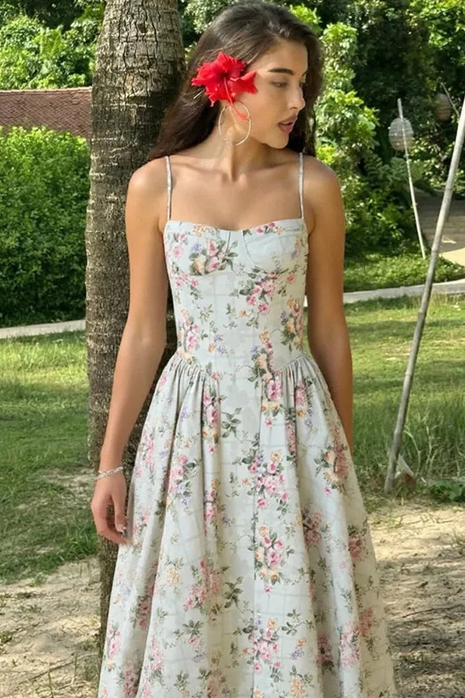 Spaghetti Strap Printed Sleeveless A-Line High Waist Pleated Midi Dress