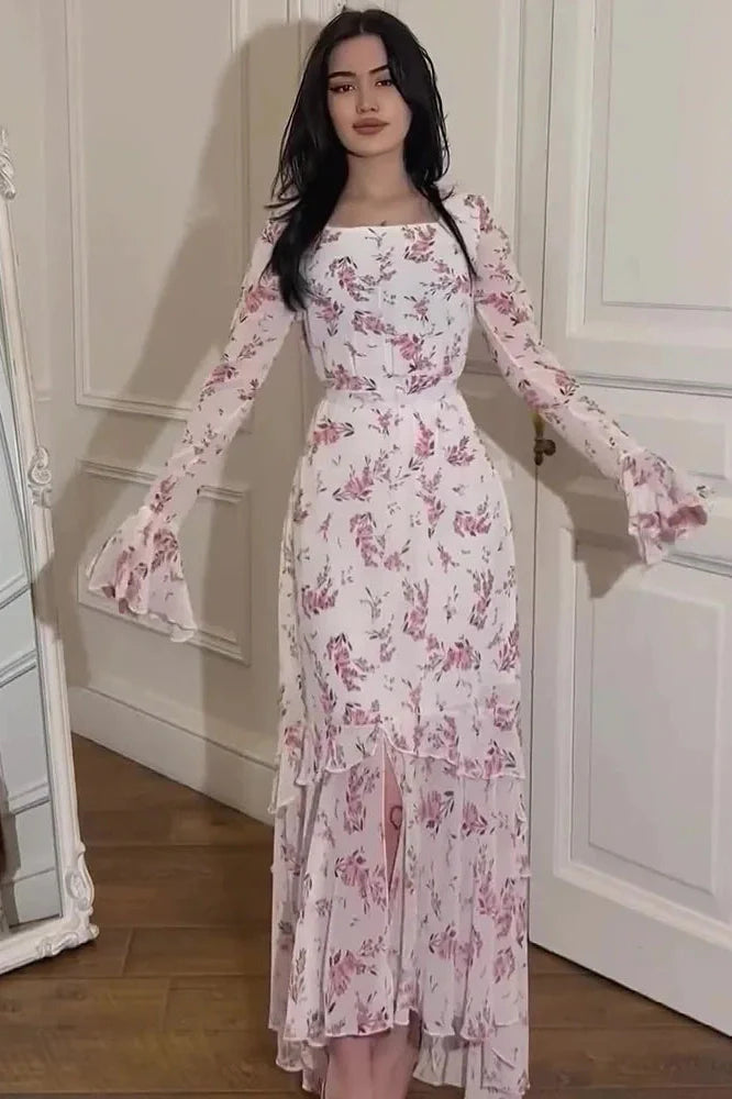 Printed Long Sleeve High Waist Slim Irregular Maxi Dress