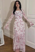 Printed Long Sleeve High Waist Slim Irregular Maxi Dress