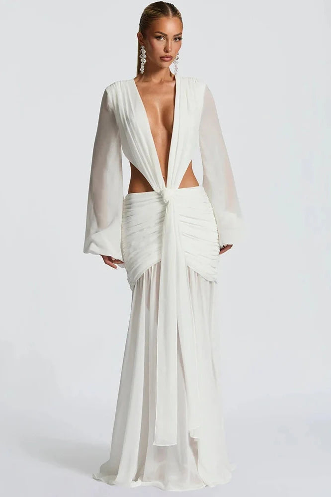Hollow Out Deep V Neck Long Sleeve Backless Maxi Dress