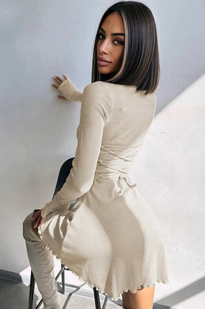 Long Sleeve O Neck Lace-up Mini Dress