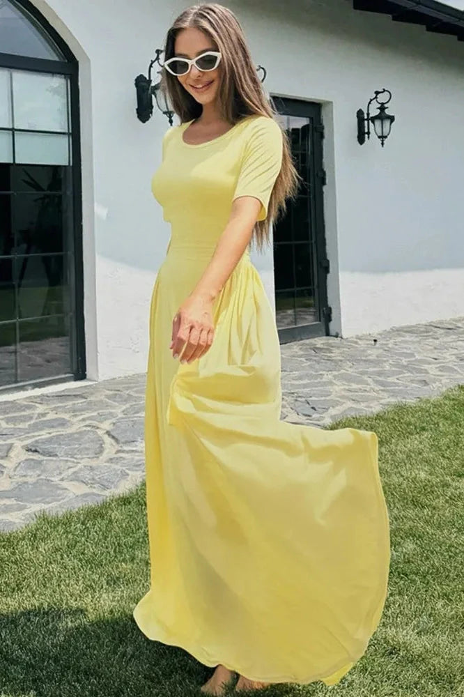 Short Sleeve O Neck High Waist Pleated Maxi Dress