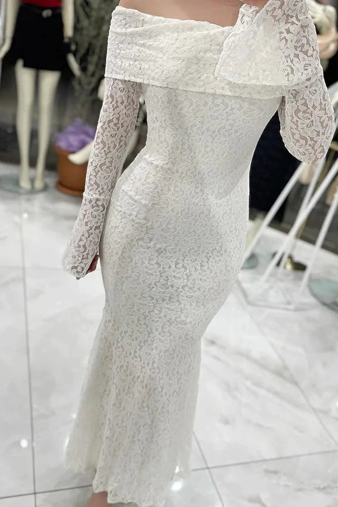 Slash Collar Lace Embroidery High Waist Maxi Dress