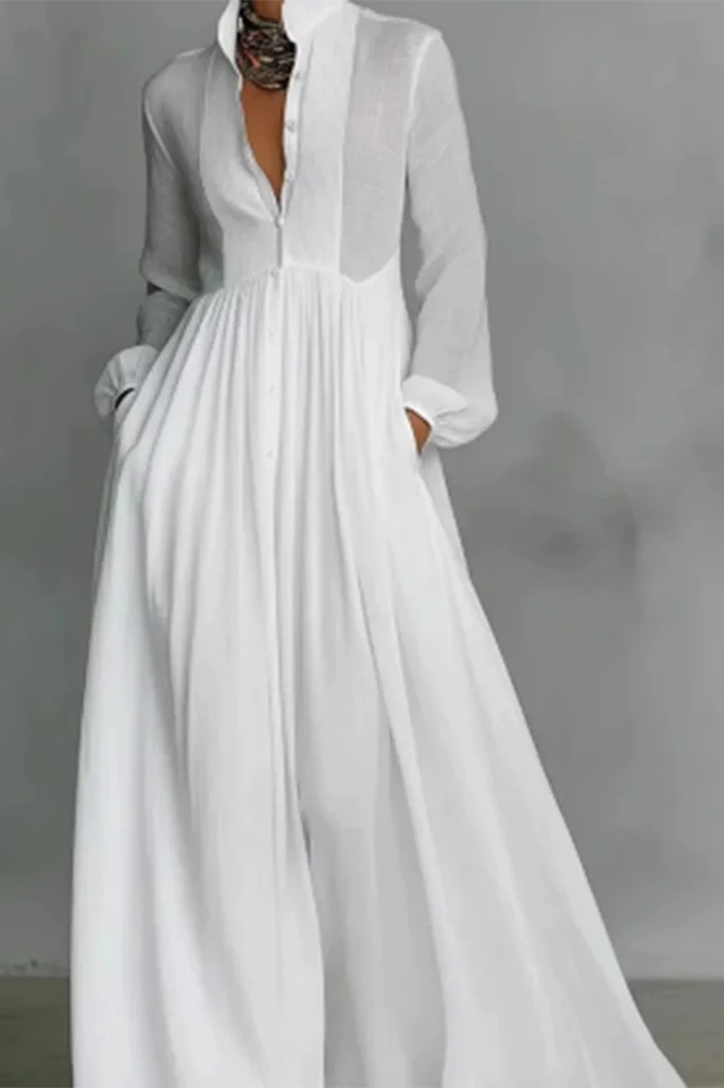 Elegant Long Sleeve Pleated High Waist Maxi Dress