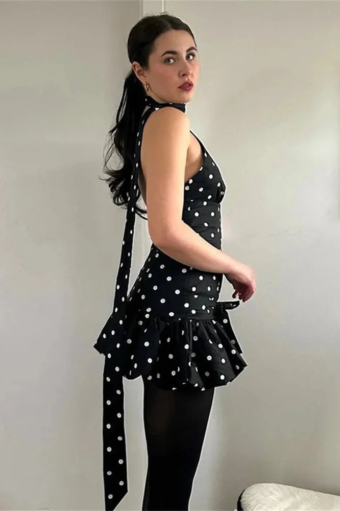 Backless Lace-Up Patchwork Slim High Waist Mini Dress