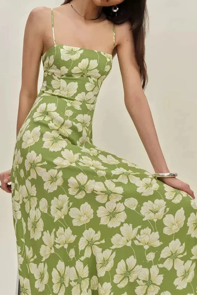 Backless Fit Floral Printed Sleeveless High Waist Midi Dress