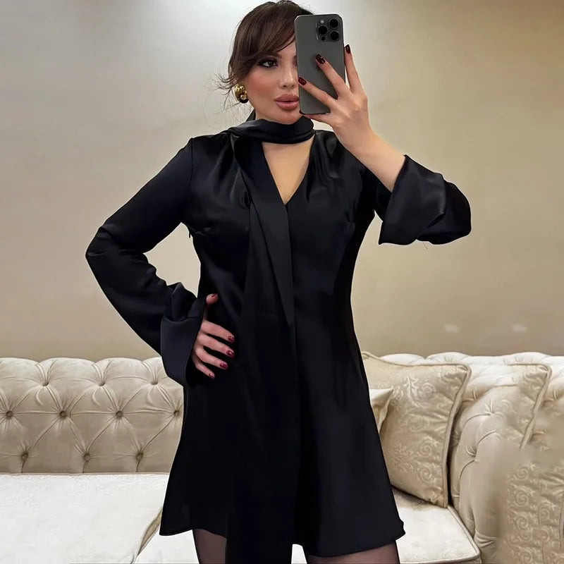 Scarf V Neck Patchwork Lace Up Mini Dress