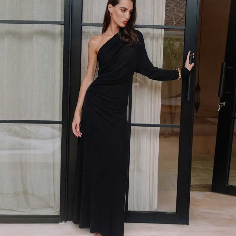 Diagonal Collar One-Shoulder Long Sleeve Maxi Dress