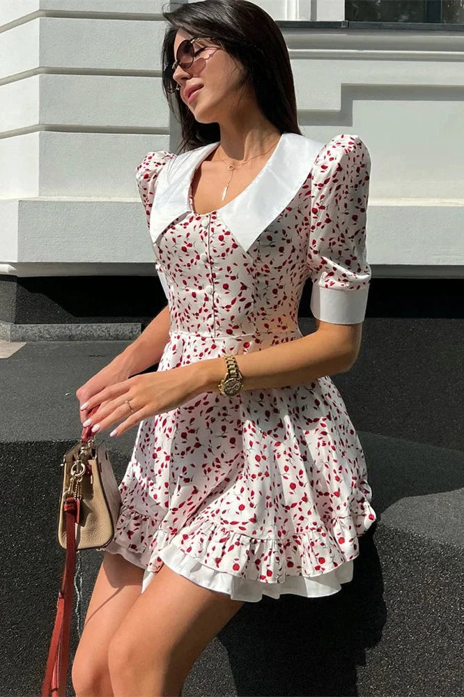 V-Neck Printed Short Sleeve High Waist Mini Dress