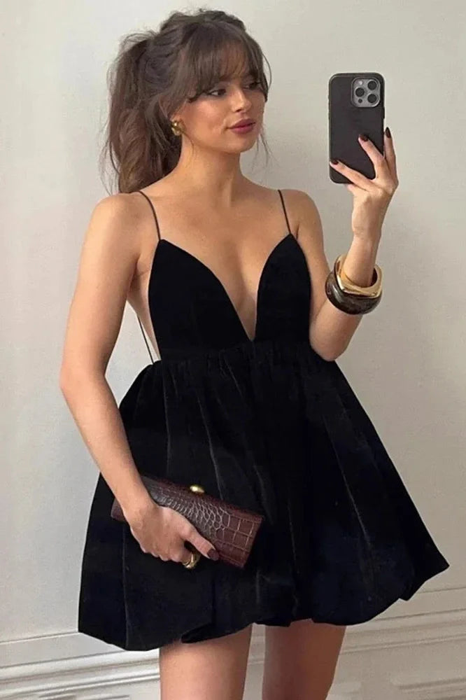 Elegant Velvet Deep V Neck High Waist Spaghetti Strap Mini Dress