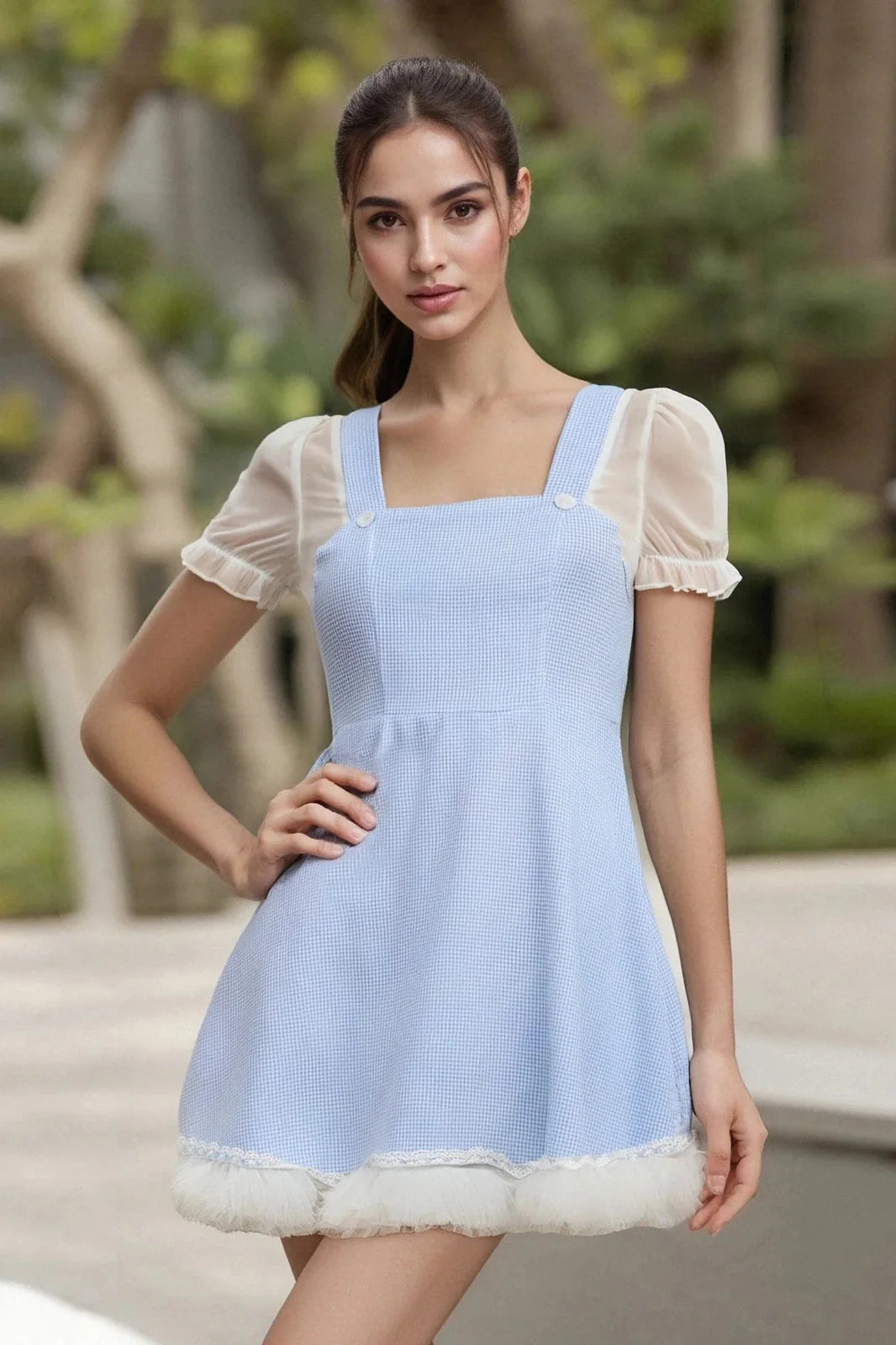 Plaid Square Neck Short Sleeve A-Line Mini Dress