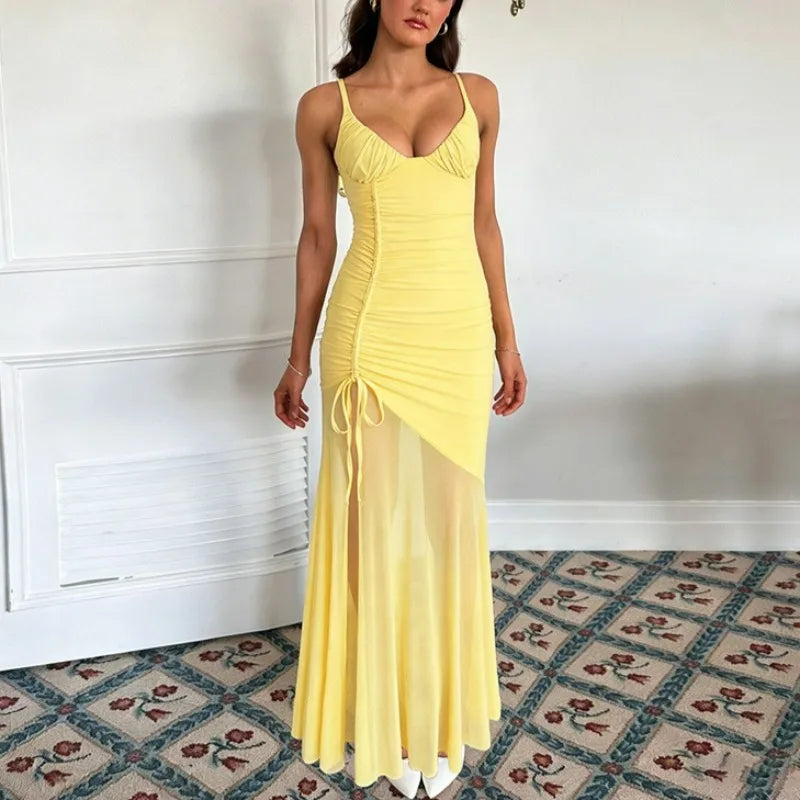 Lace-Up See Through Backless Maxi Dress