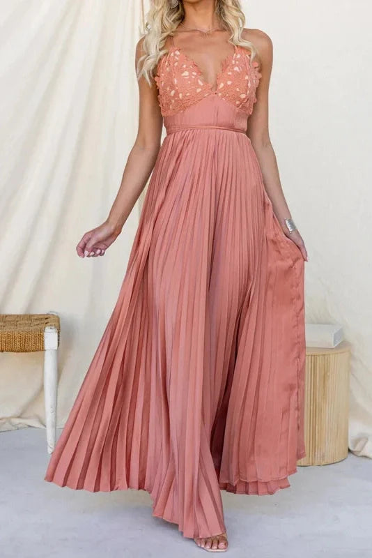 Backless Pleated Lace Sleeveless High Waist Maxi Dress