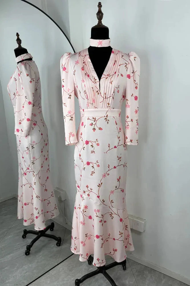Printed V-Neck High Waist Slim Lace-Up Maxi Dress