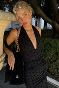 Polka Dot Deep V Neck Sleeveless Backless Bodycon Maxi Dress