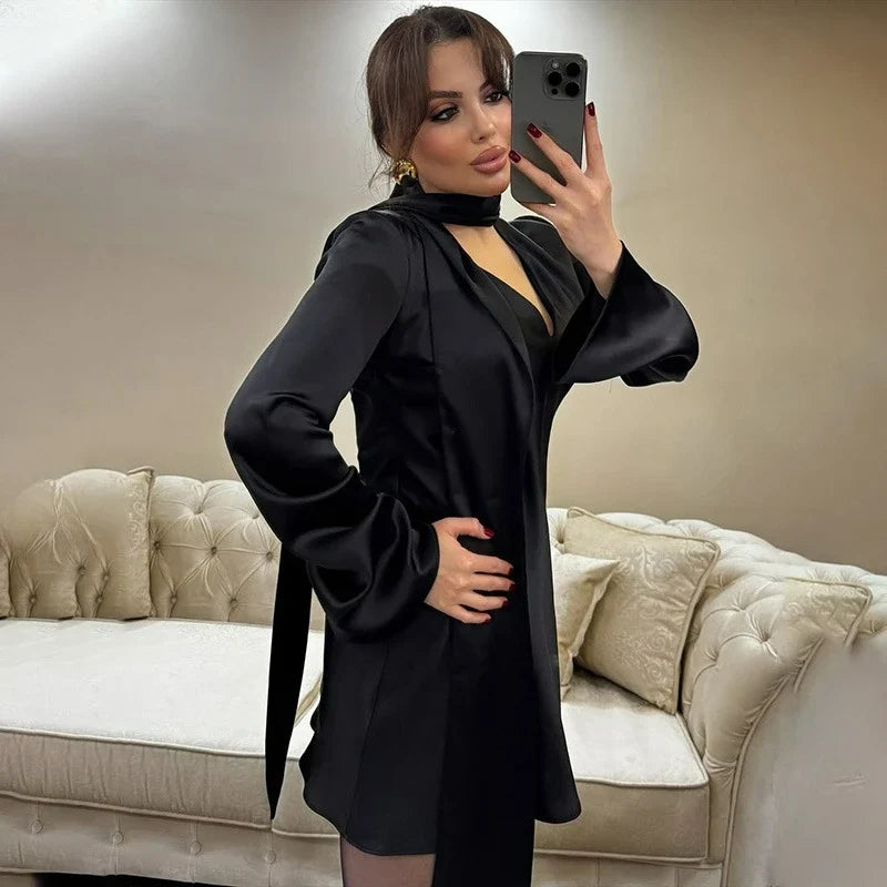 Scarf V Neck Patchwork Lace Up Mini Dress