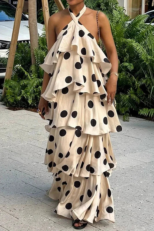 Elegant Backless Polka Dot Sleeveless Maxi Dress
