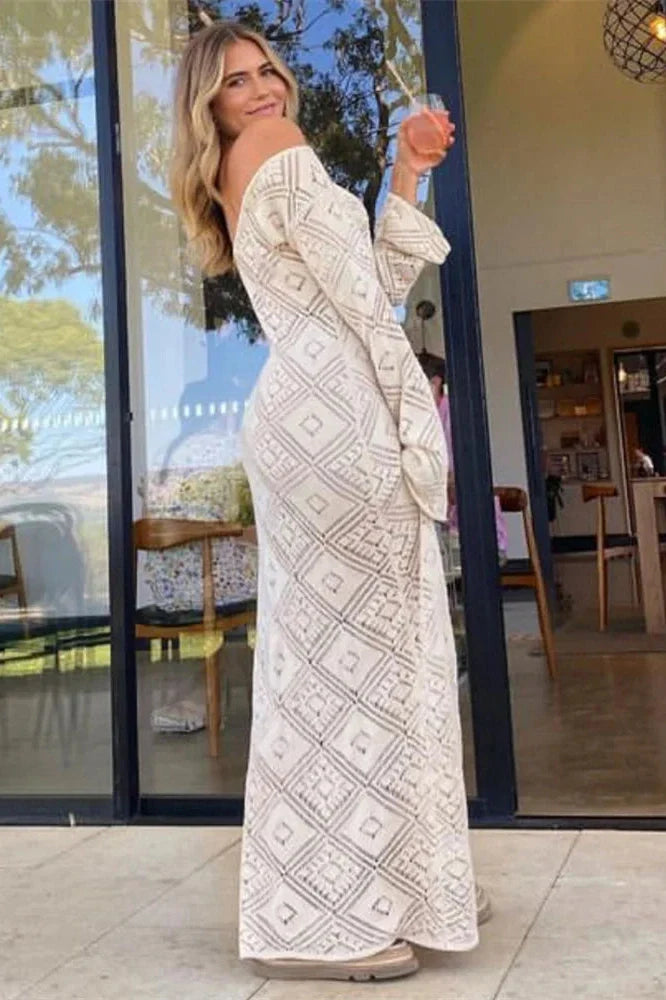 See-Through Loose Flared Sleeve Backless V-Neck Maxi Dress