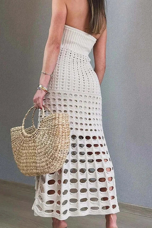 Hollow Out Strapless Knitted Slim Sleeveless Maxi Dress