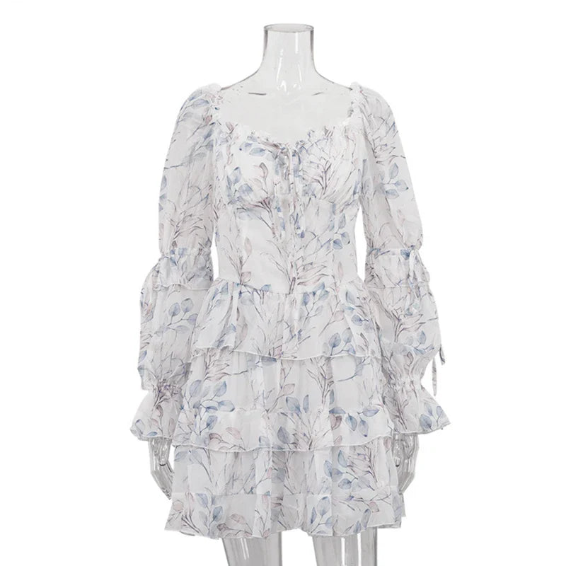 Printed Square Collar Long Sleeve Lace-Up Mini Dress