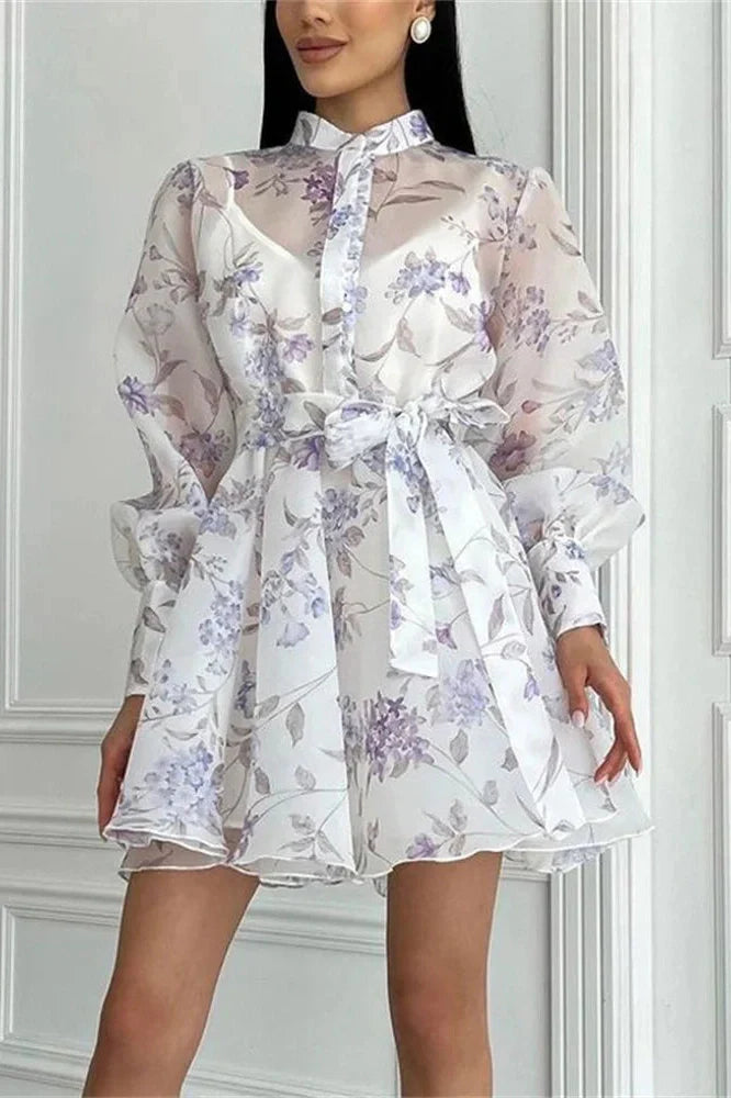 Printed Lace-Up Long Sleeve Bodycon Mini Dress