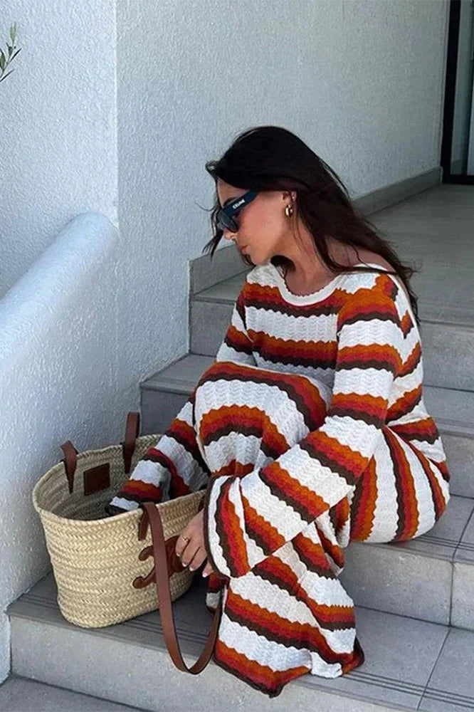 Hollow Out Striped Long Sleeve Loose Maxi Dress