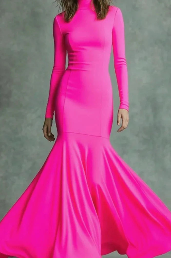 Elegant Slim High Waist Turtleneck Long Sleeve Maxi Dress