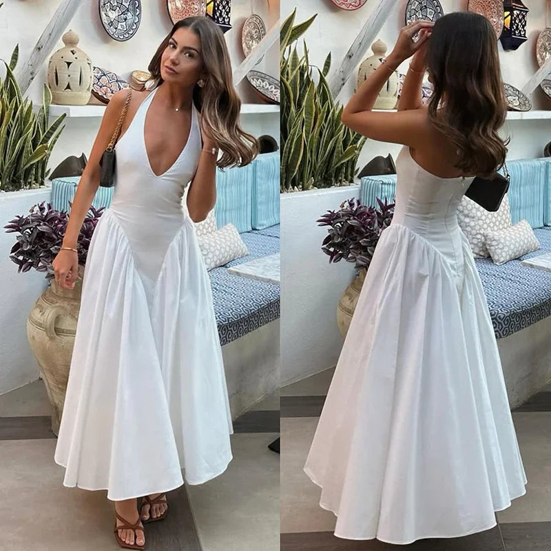 Deep V Neck A-Line Pleated Midi Dress