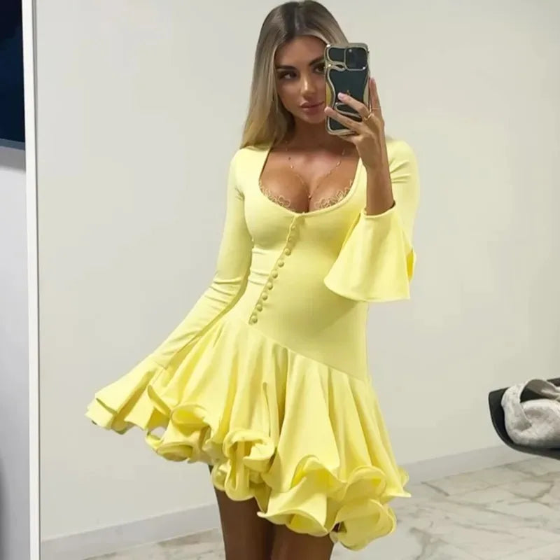 Elegant V-Neck Button Patchwork Mini Dress