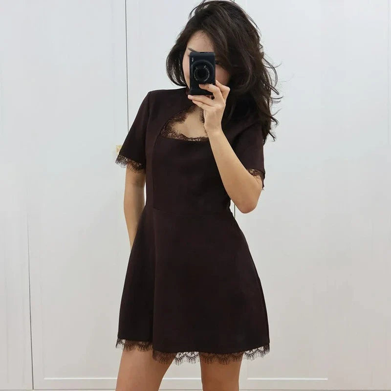 Elegant Hollow Out Patchwork High Waist Mini Dress