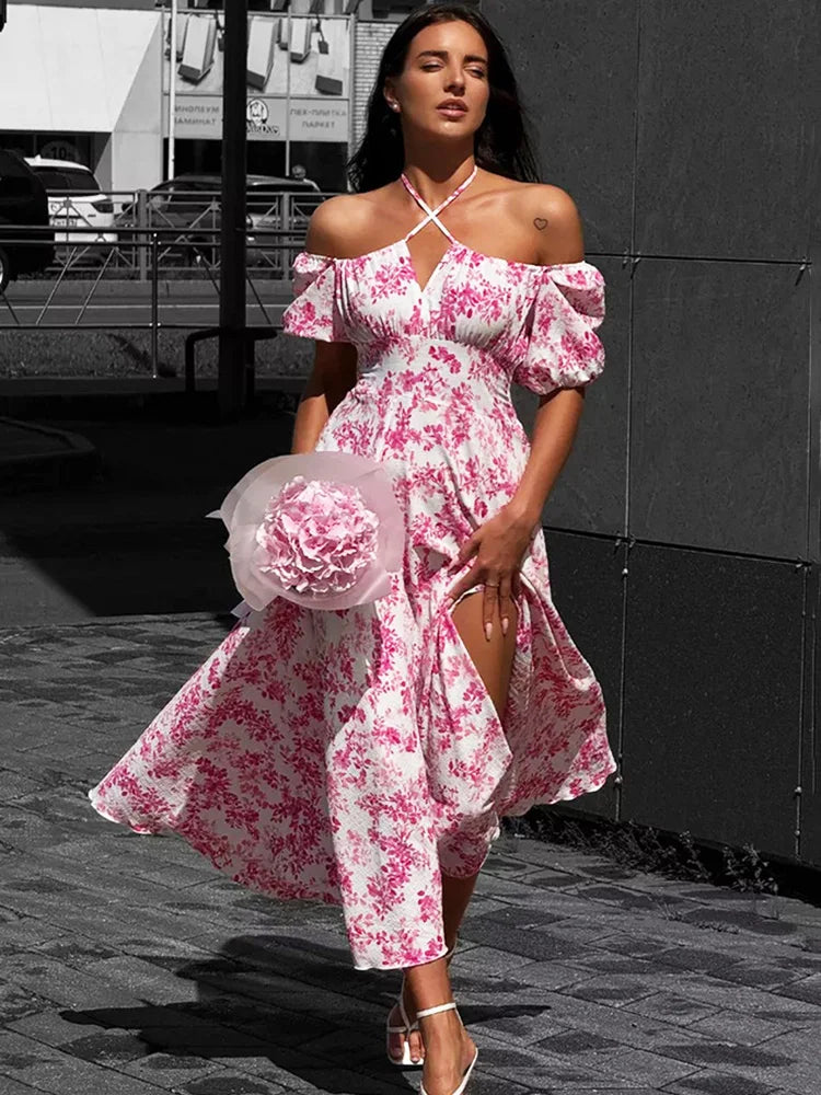 Off Shoulder Lace Up Patchwork Print Maxi Dress