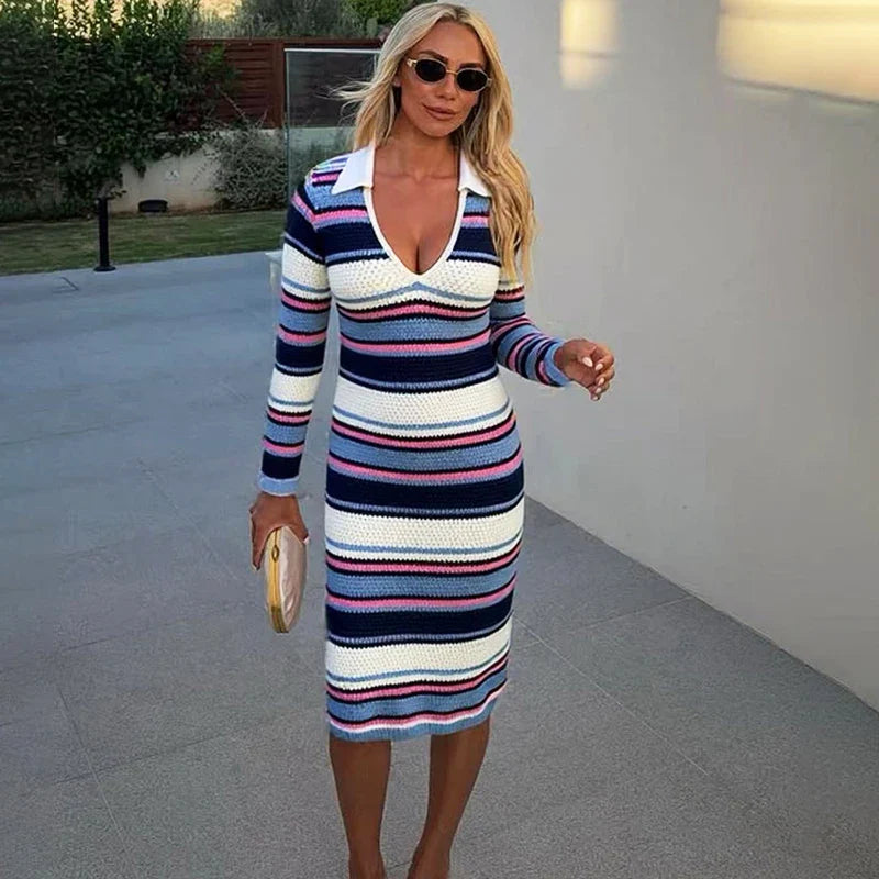 Striped Knit V-Neck Slim Long Sleeve Patchwork Midi Dress