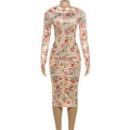 Printed Pleated Long Sleeve Bodycon Midi Dress
