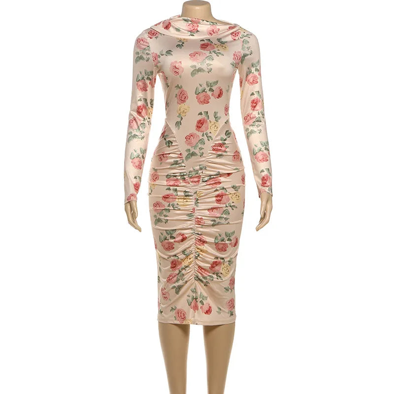 Printed Pleated Long Sleeve Bodycon Midi Dress