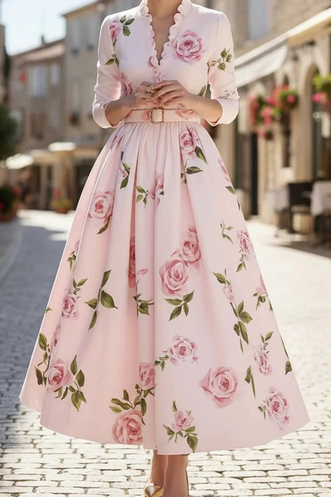 Elegant High Waist A-Line V-Neck Printed Long Sleeve Pleated Midi Dress