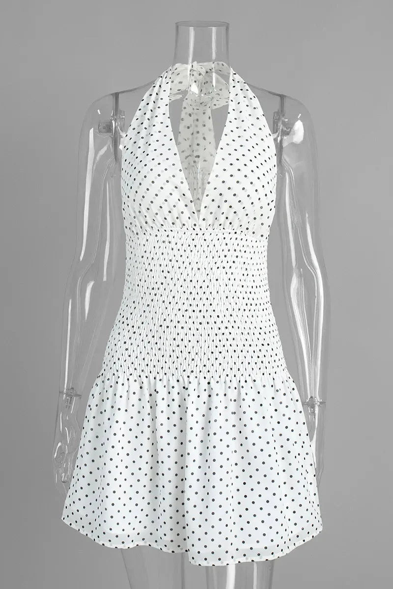Polka Dot Lace-Up Pleated Waist Backless Mini Dress