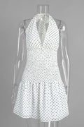 Polka Dot Lace-Up Pleated Waist Backless Mini Dress