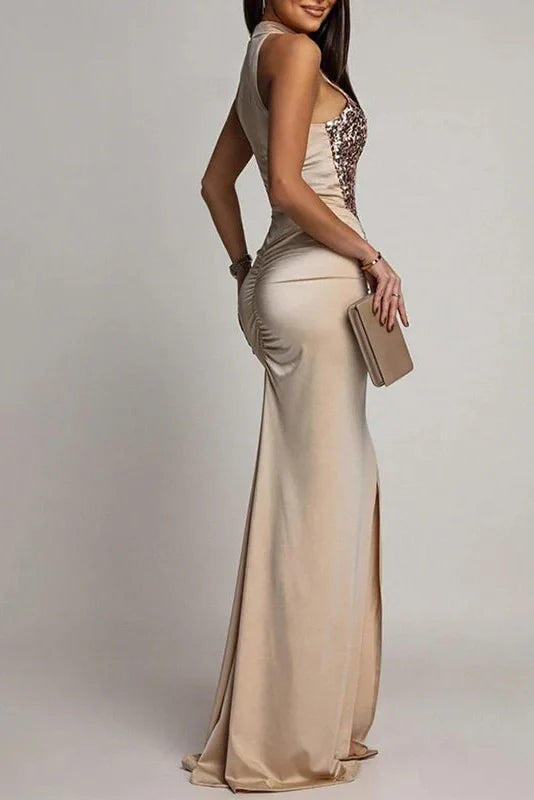 Hollow Out Pleated Sleeveless Slim Bodycon Maxi Dress