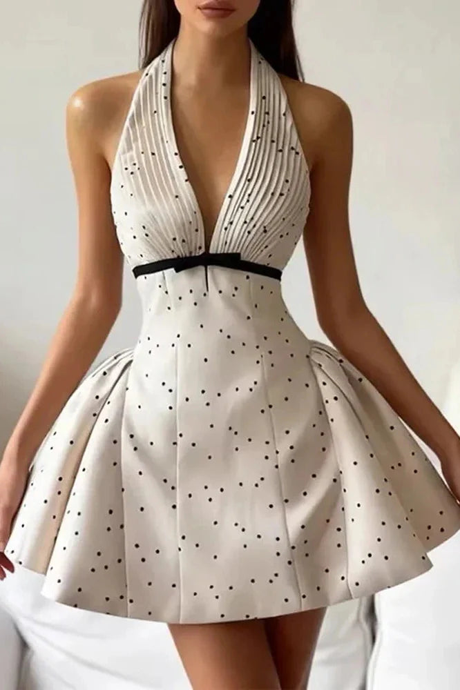 Hollow Out Pleated Backless Printed Sleeveless Mini Dress
