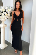 Hollow Out Backless Off-Shoulder V Neck Sleeveless Bodycon Maxi Dress