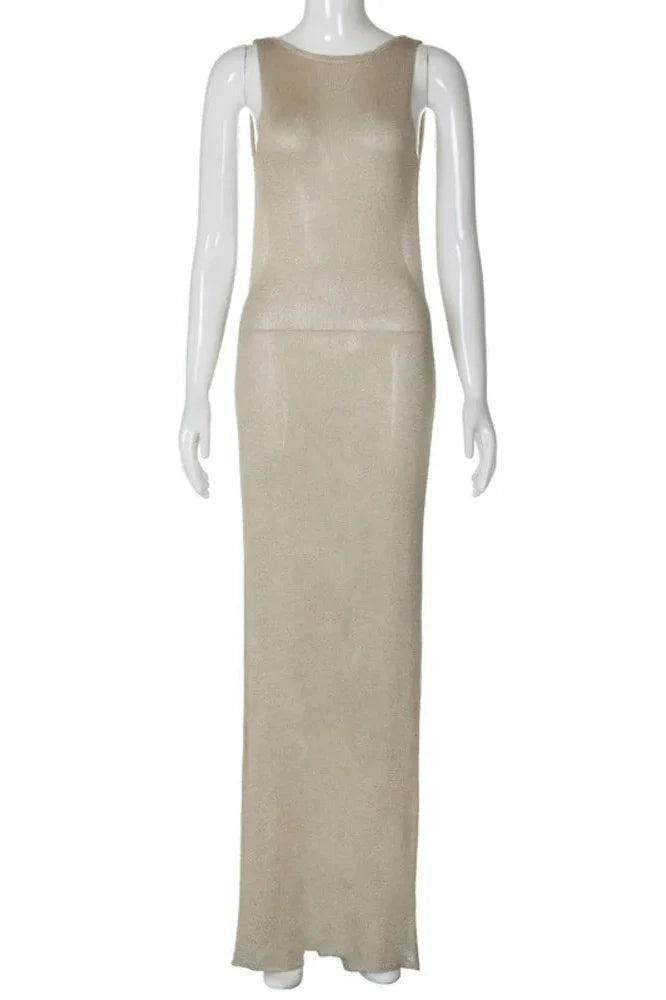See Through Sleeveless Backless Back Split Maxi Dress